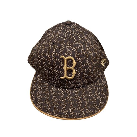 MLB Boston Red Sox Brown Logo Print Baseball Cap Sz 7 5/8 Fitted Hat Unique - Picture 2 of 8